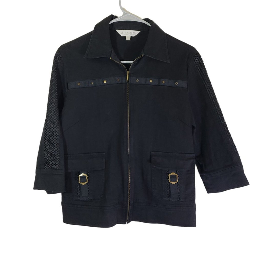 JUNKO COLLECTION Size 42 Black Punk, Studded, Military, 3/4 Length Sleeve Jacket